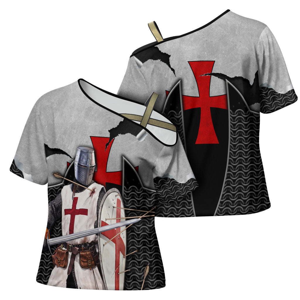 Knights Templar Warrior Red Cross Cross Shoulder Shirt Crusader Knight In Chainmail Armor With Shield And Sword Art