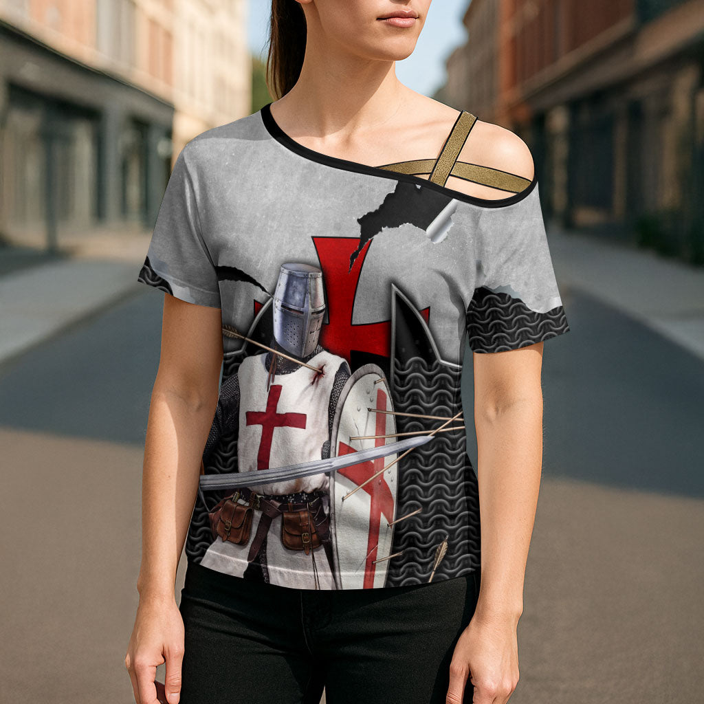Knights Templar Warrior Red Cross Cross Shoulder Shirt Crusader Knight In Chainmail Armor With Shield And Sword Art