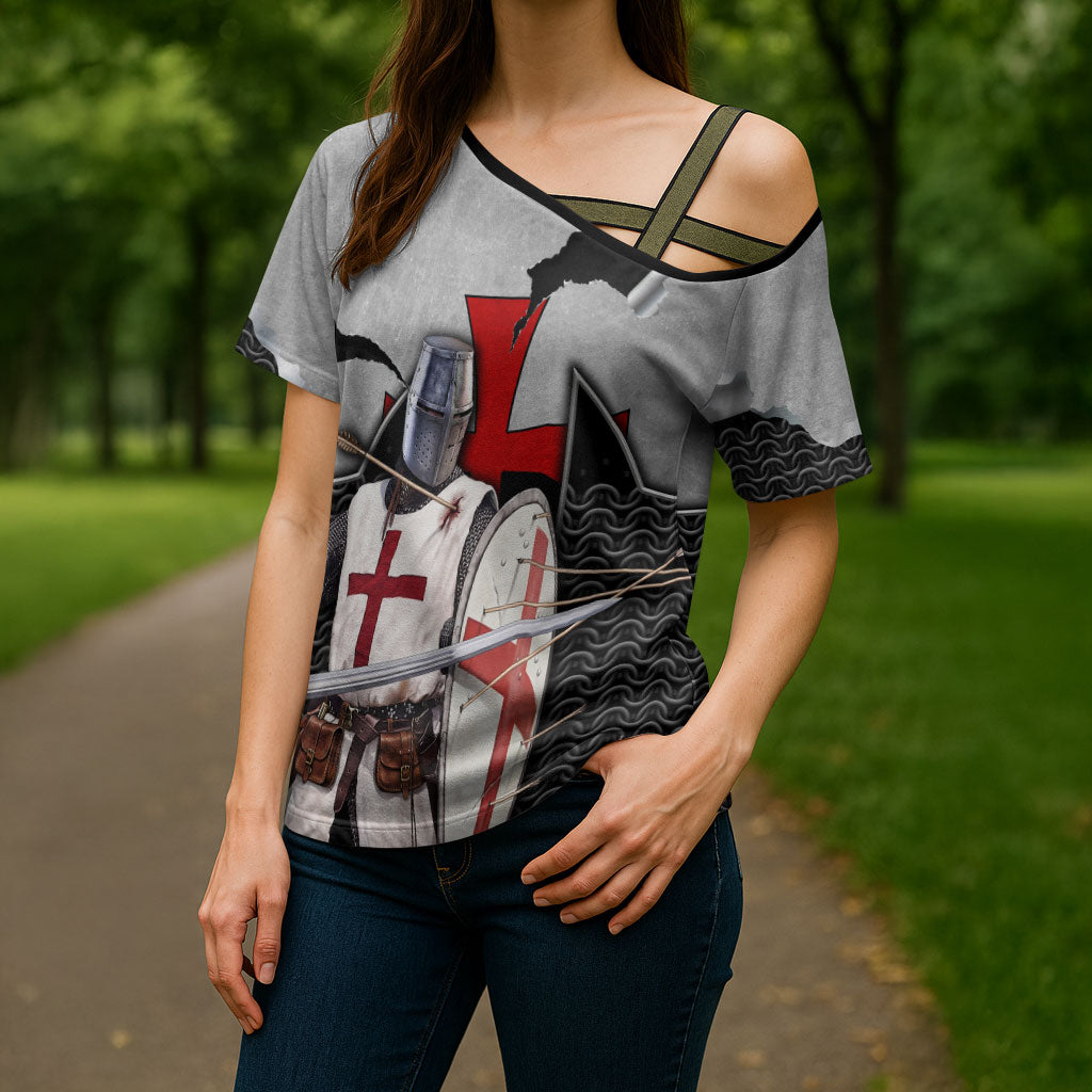 Knights Templar Warrior Red Cross Cross Shoulder Shirt Crusader Knight In Chainmail Armor With Shield And Sword Art