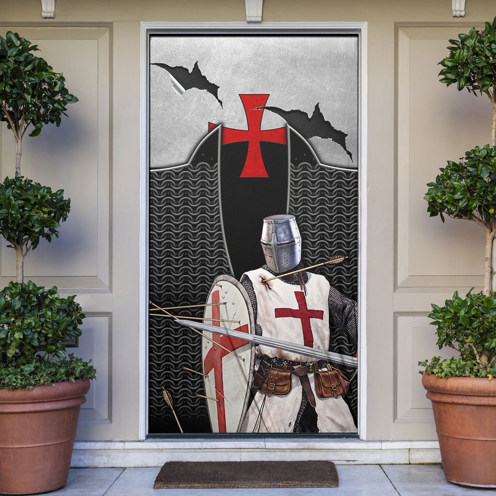 Knights Templar Warrior Red Cross Door Cover Crusader Knight In Chainmail Armor With Shield And Sword Art