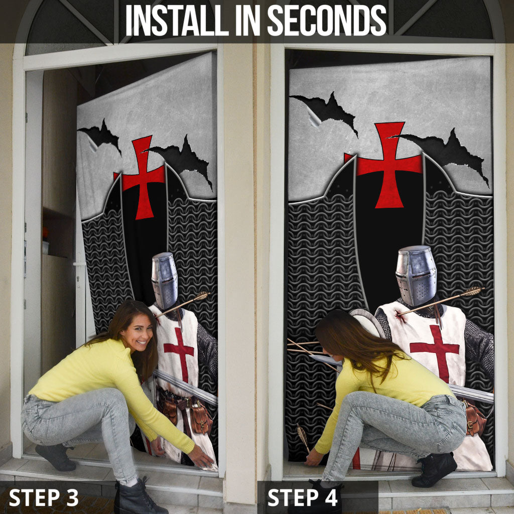 Knights Templar Warrior Red Cross Door Cover Crusader Knight In Chainmail Armor With Shield And Sword Art