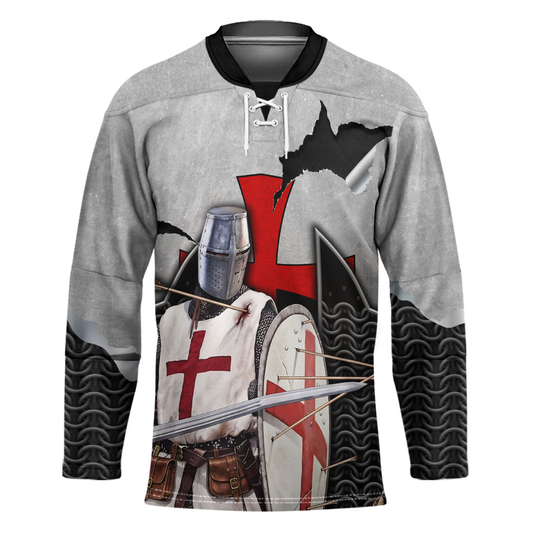 Knights Templar Warrior Red Cross Hockey Jersey Crusader Knight In Chainmail Armor With Shield And Sword Art