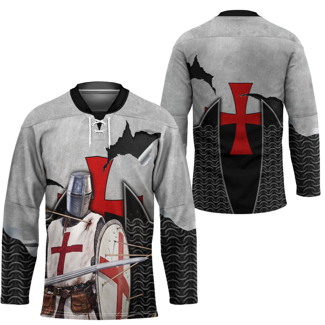 Knights Templar Warrior Red Cross Hockey Jersey Crusader Knight In Chainmail Armor With Shield And Sword Art