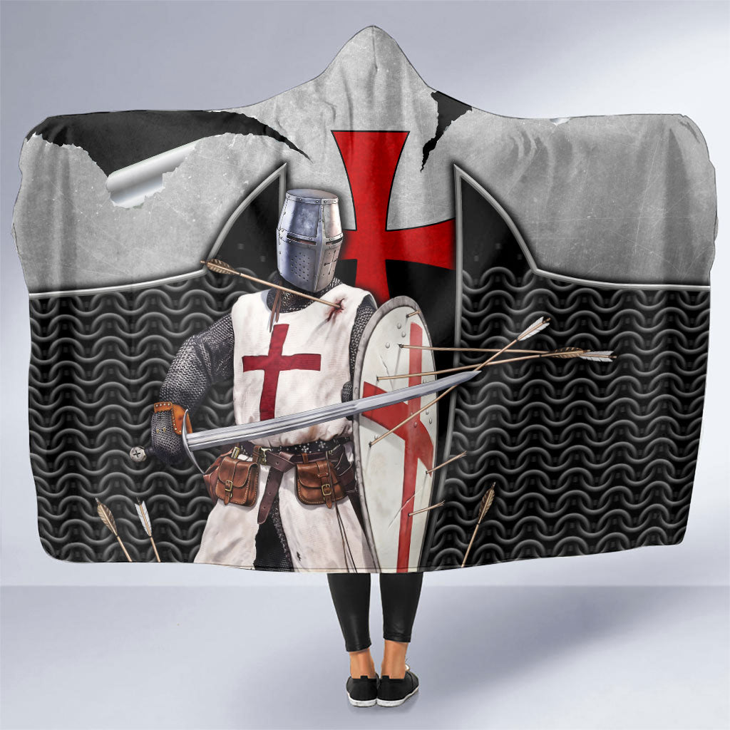 Knights Templar Warrior Red Cross Hooded Blanket Crusader Knight In Chainmail Armor With Shield And Sword Art
