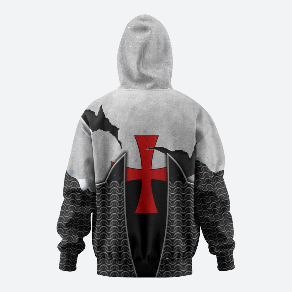 Knights Templar Warrior Red Cross Hoodie Crusader Knight In Chainmail Armor With Shield And Sword Art