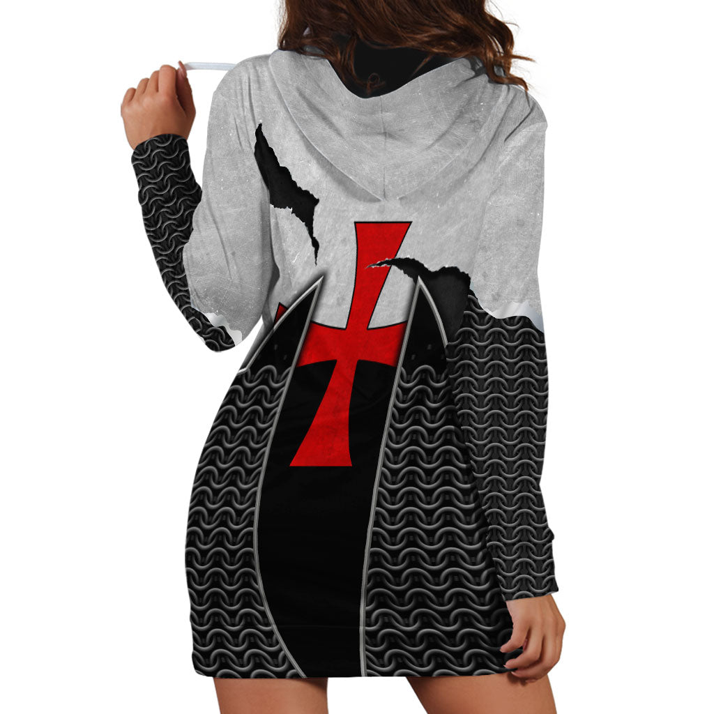 Knights Templar Warrior Red Cross Hoodie Dress Crusader Knight In Chainmail Armor With Shield And Sword Art