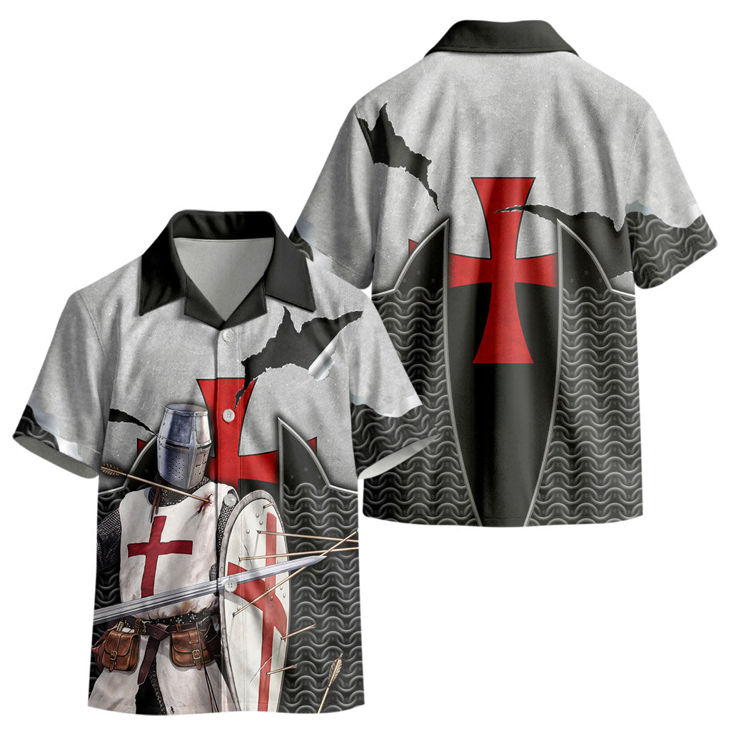 Knights Templar Warrior Red Cross Kid Hawaiian Shirt Crusader Knight In Chainmail Armor With Shield And Sword Art