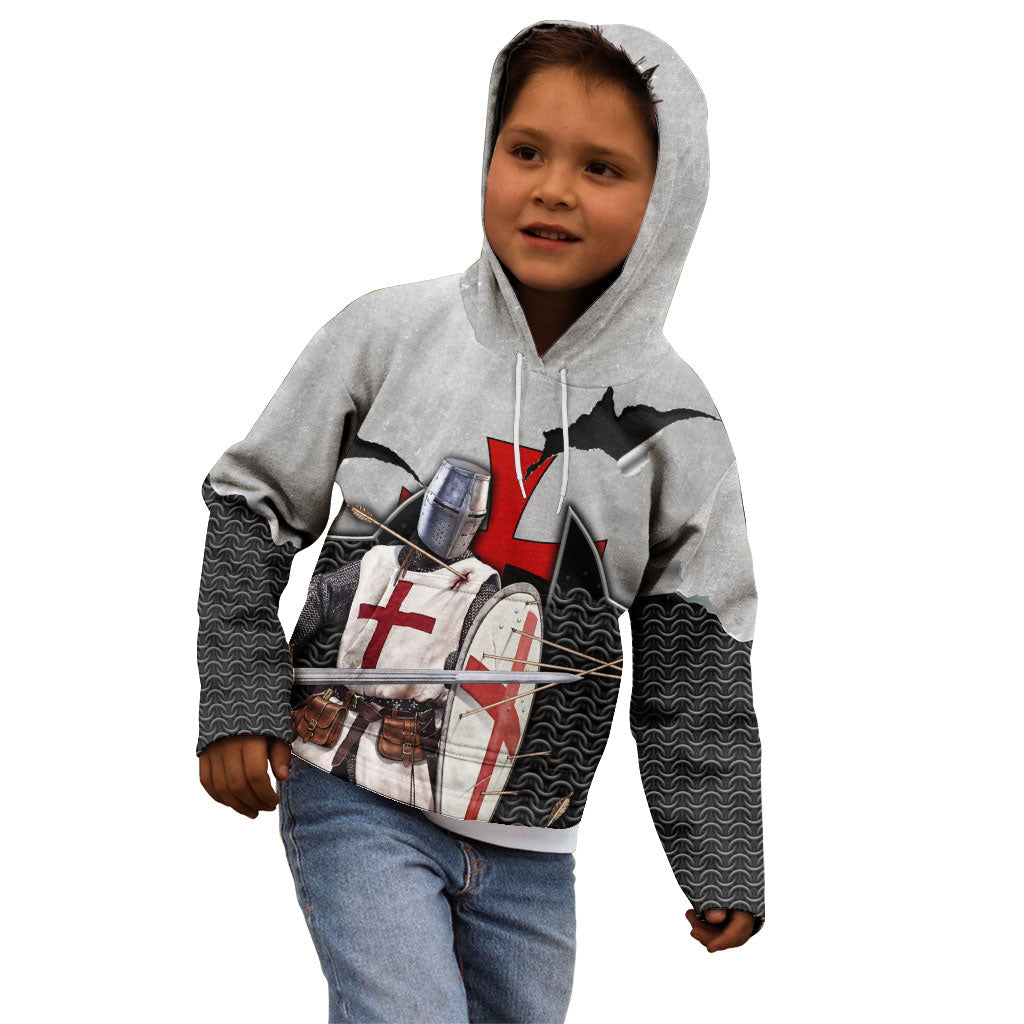 Knights Templar Warrior Red Cross Kid Hoodie Crusader Knight In Chainmail Armor With Shield And Sword Art