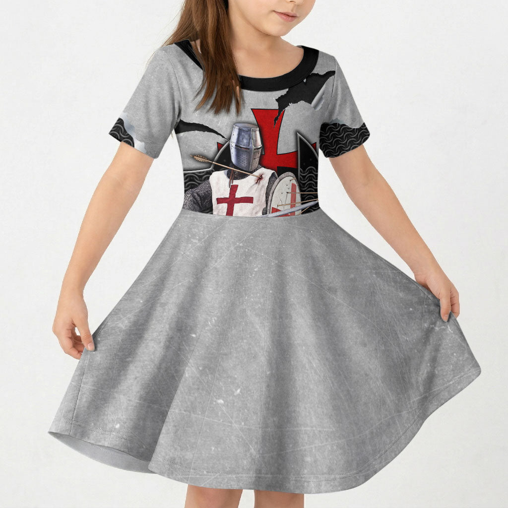 Knights Templar Warrior Red Cross Kid Short Sleeve Dress Crusader Knight In Chainmail Armor With Shield And Sword Art