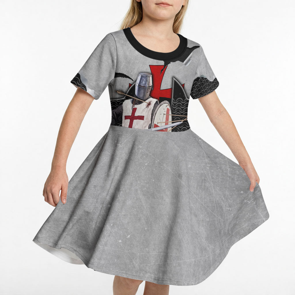 Knights Templar Warrior Red Cross Kid Short Sleeve Dress Crusader Knight In Chainmail Armor With Shield And Sword Art