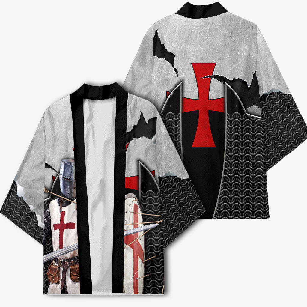 Knights Templar Warrior Red Cross Kimono Crusader Knight In Chainmail Armor With Shield And Sword Art