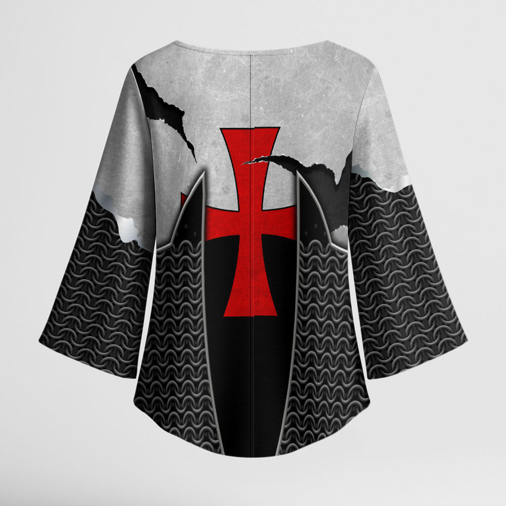 Knights Templar Warrior Red Cross Kimono Sleeve Blouse Crusader Knight In Chainmail Armor With Shield And Sword Art