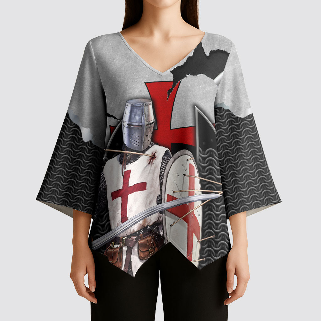 Knights Templar Warrior Red Cross Kimono Sleeve Blouse Crusader Knight In Chainmail Armor With Shield And Sword Art