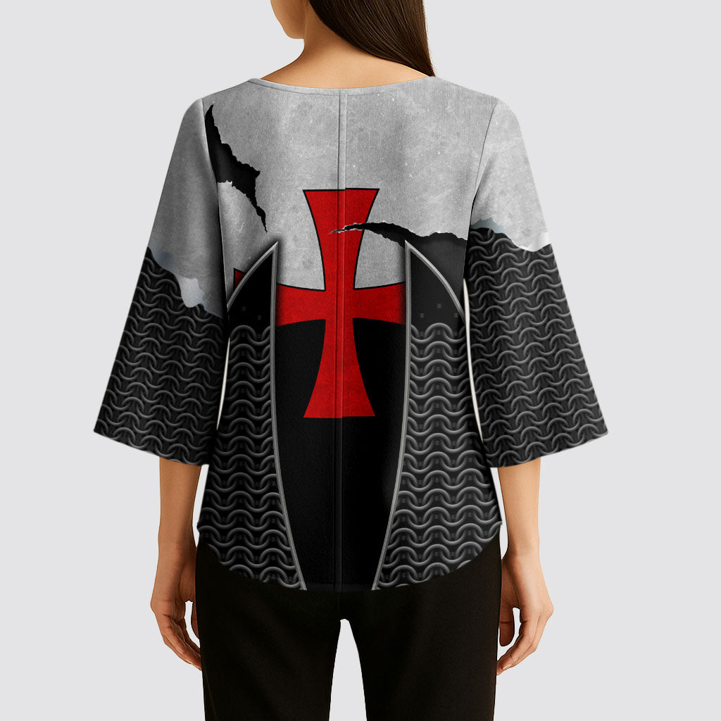 Knights Templar Warrior Red Cross Kimono Sleeve Blouse Crusader Knight In Chainmail Armor With Shield And Sword Art
