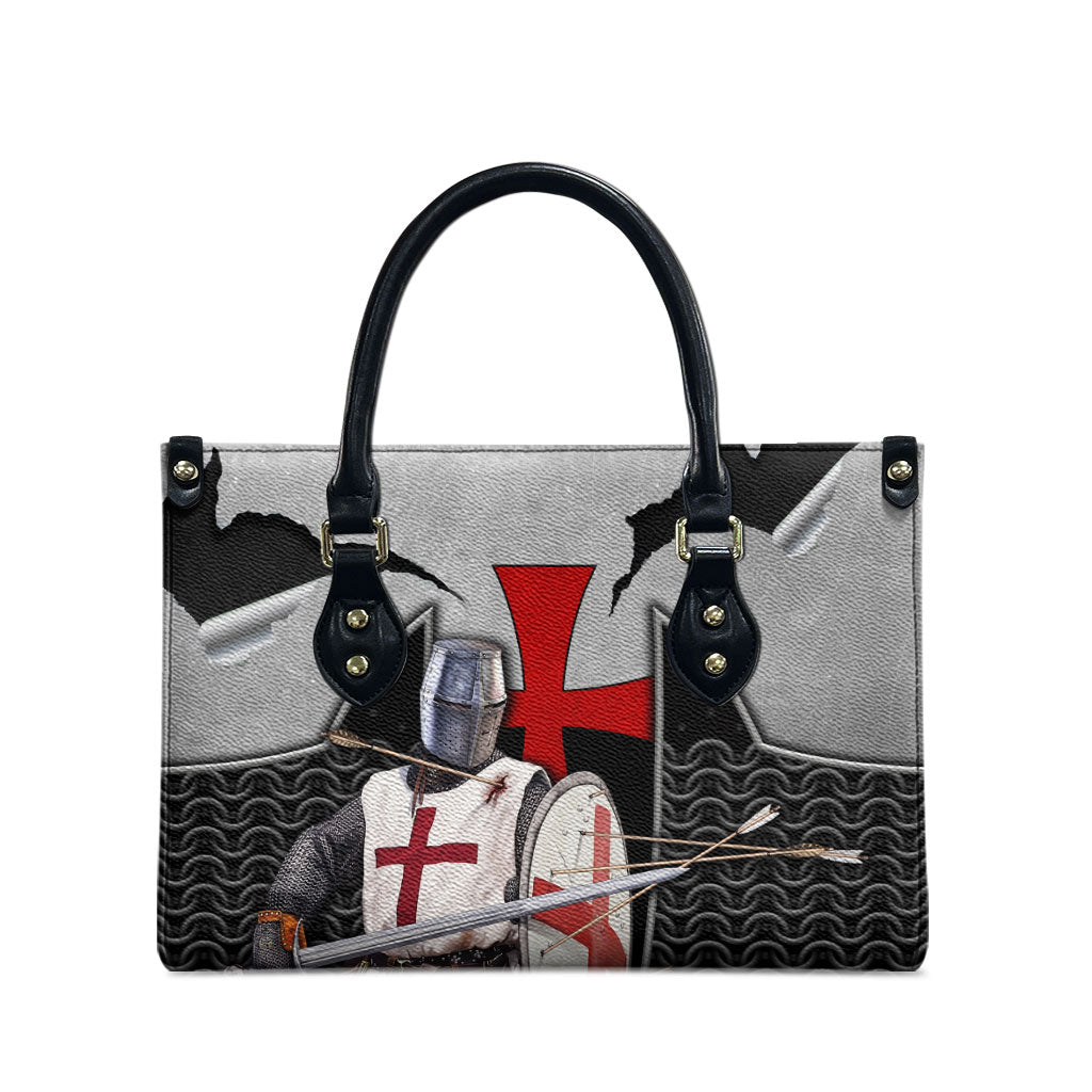 Knights Templar Warrior Red Cross Leather Bag Crusader Knight In Chainmail Armor With Shield And Sword Art