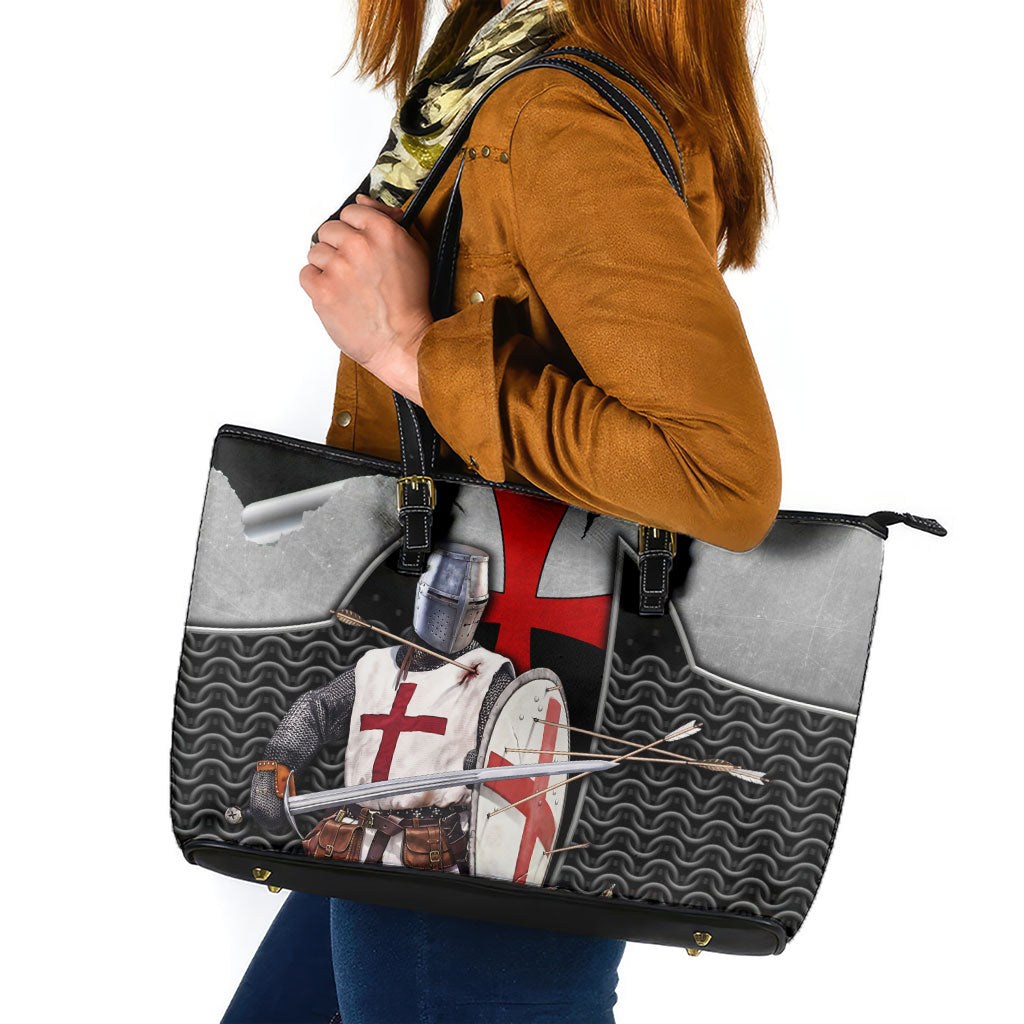 Knights Templar Warrior Red Cross Leather Tote Bag Crusader Knight In Chainmail Armor With Shield And Sword Art