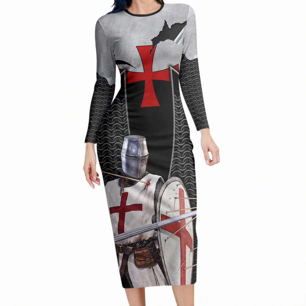 Knights Templar Warrior Red Cross Long Sleeve Bodycon Dress Crusader Knight In Chainmail Armor With Shield And Sword Art