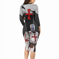 Knights Templar Warrior Red Cross Long Sleeve Bodycon Dress Crusader Knight In Chainmail Armor With Shield And Sword Art