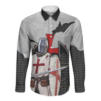 Knights Templar Warrior Red Cross Long Sleeve Button Shirt Crusader Knight In Chainmail Armor With Shield And Sword Art