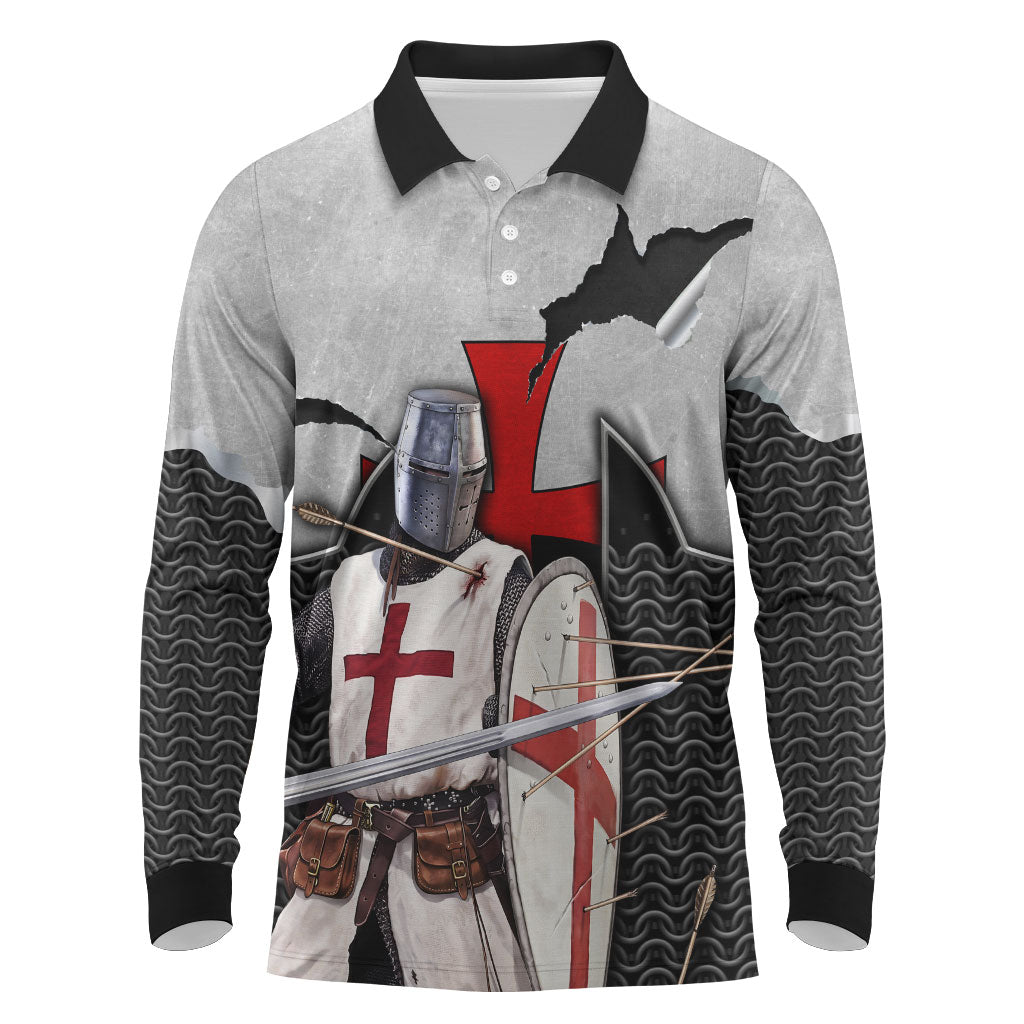Knights Templar Warrior Red Cross Long Sleeve Polo Shirt Crusader Knight In Chainmail Armor With Shield And Sword Art