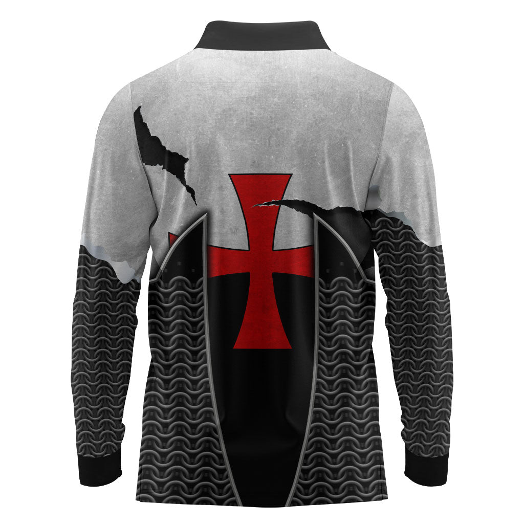 Knights Templar Warrior Red Cross Long Sleeve Polo Shirt Crusader Knight In Chainmail Armor With Shield And Sword Art