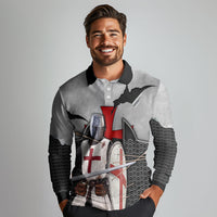 Knights Templar Warrior Red Cross Long Sleeve Polo Shirt Crusader Knight In Chainmail Armor With Shield And Sword Art