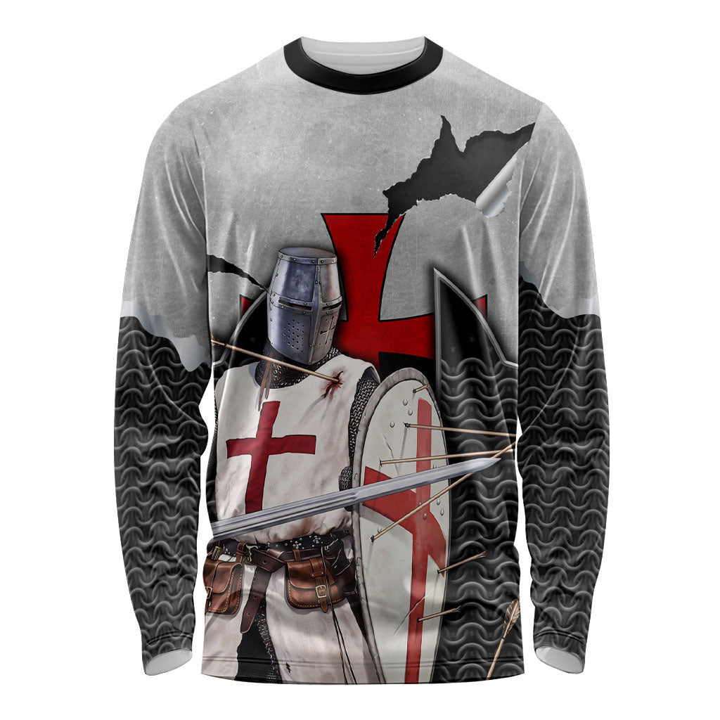 Knights Templar Warrior Red Cross Long Sleeve Shirt Crusader Knight In Chainmail Armor With Shield And Sword Art