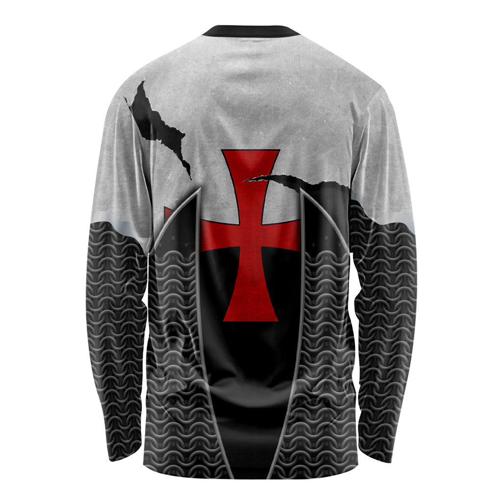 Knights Templar Warrior Red Cross Long Sleeve Shirt Crusader Knight In Chainmail Armor With Shield And Sword Art