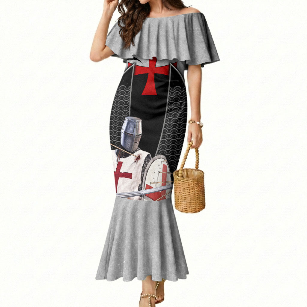Knights Templar Warrior Red Cross Mermaid Dress Crusader Knight In Chainmail Armor With Shield And Sword Art