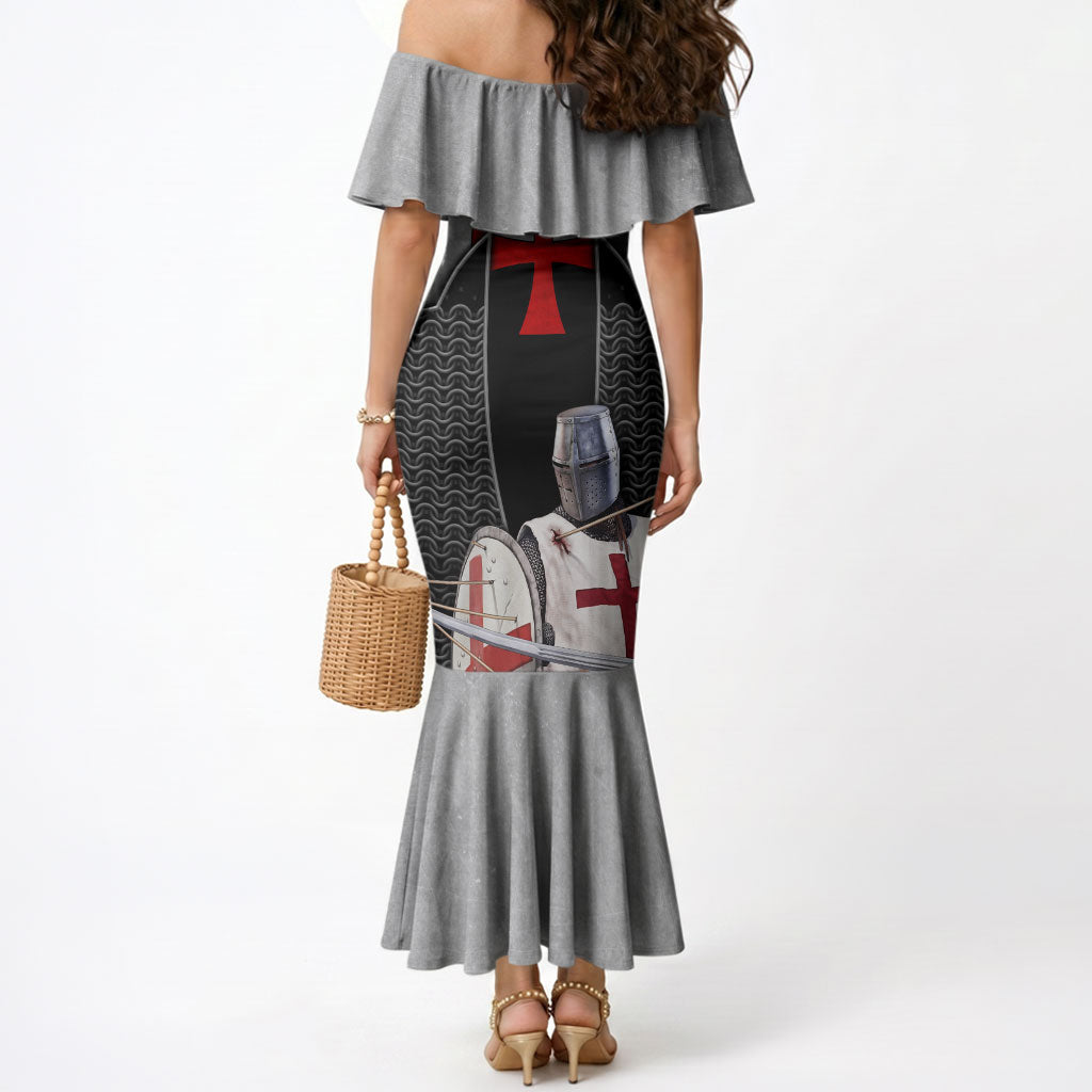 Knights Templar Warrior Red Cross Mermaid Dress Crusader Knight In Chainmail Armor With Shield And Sword Art