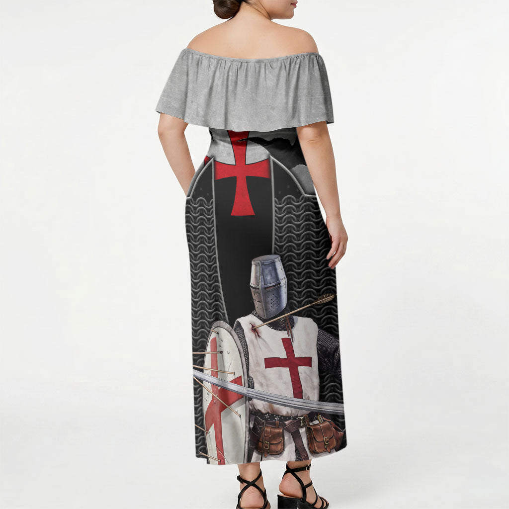 Knights Templar Warrior Red Cross Off Shoulder Maxi Dress Crusader Knight In Chainmail Armor With Shield And Sword Art