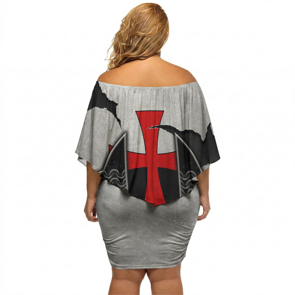 Knights Templar Warrior Red Cross Off Shoulder Short Dress Crusader Knight In Chainmail Armor With Shield And Sword Art