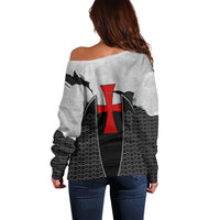 Knights Templar Warrior Red Cross Off Shoulder Sweater Crusader Knight In Chainmail Armor With Shield And Sword Art
