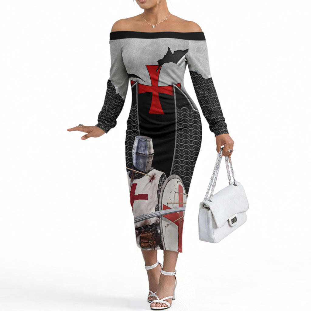 Knights Templar Warrior Red Cross Off The Shoulder Long Sleeve Dress Crusader Knight In Chainmail Armor With Shield And Sword Art