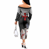 Knights Templar Warrior Red Cross Off The Shoulder Long Sleeve Dress Crusader Knight In Chainmail Armor With Shield And Sword Art