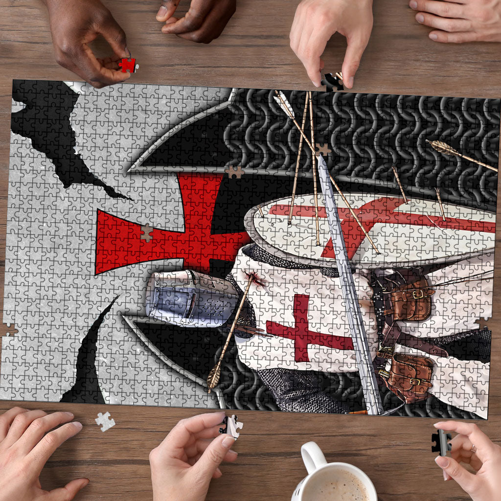 Knights Templar Warrior Red Cross Puzzle Crusader Knight In Chainmail Armor With Shield And Sword Art