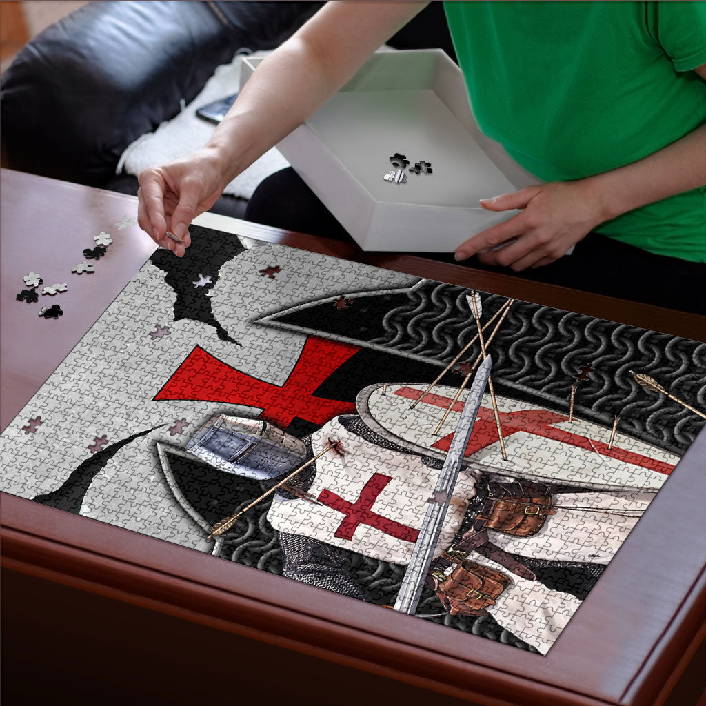 Knights Templar Warrior Red Cross Puzzle Crusader Knight In Chainmail Armor With Shield And Sword Art