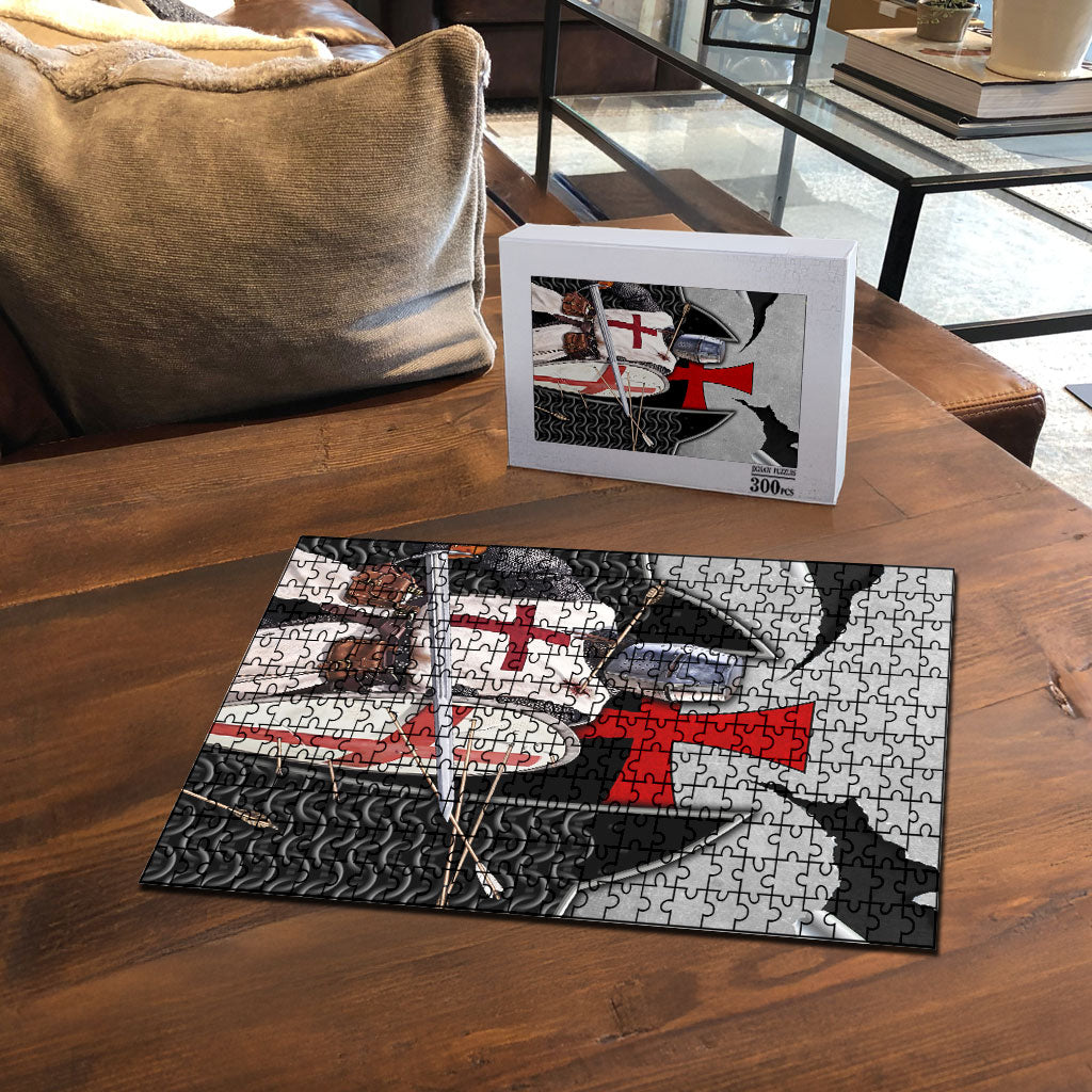 Knights Templar Warrior Red Cross Puzzle Crusader Knight In Chainmail Armor With Shield And Sword Art