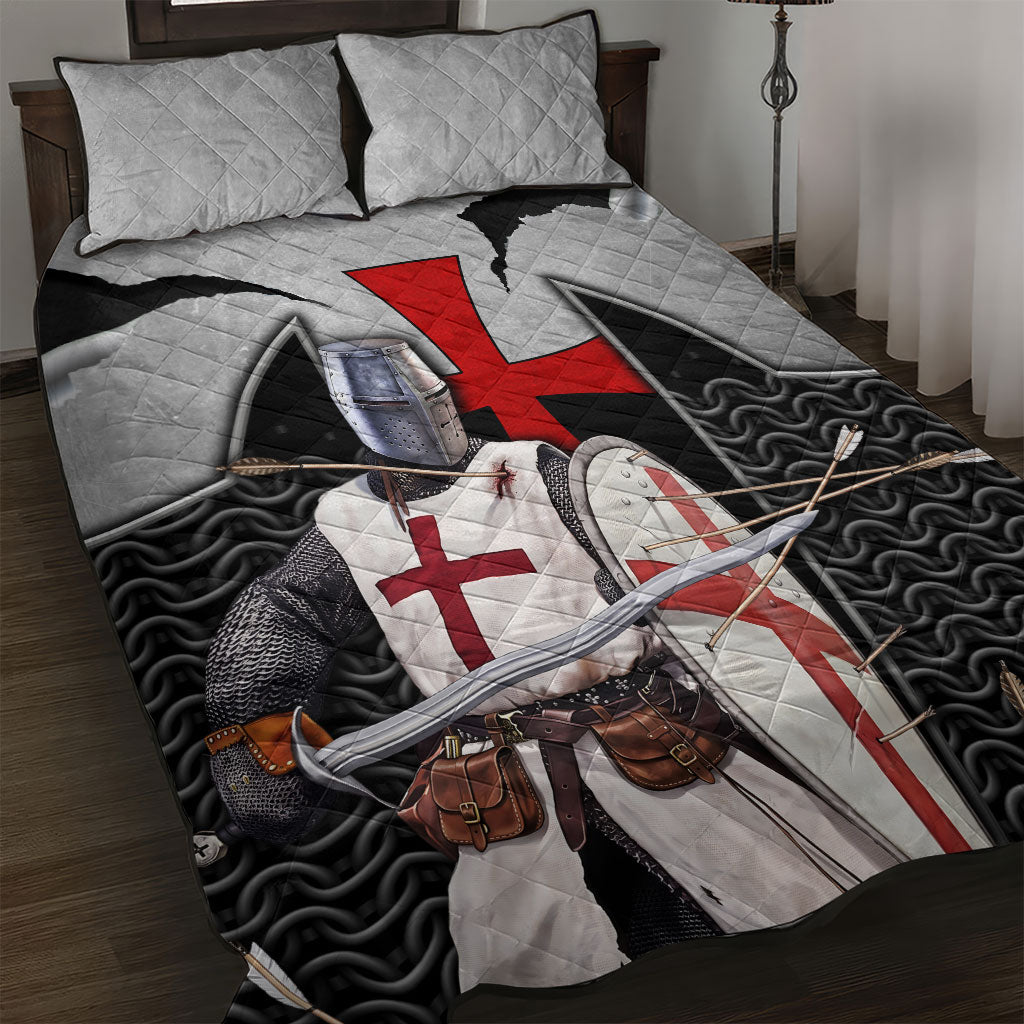 Knights Templar Warrior Red Cross Quilt Bed Set Crusader Knight In Chainmail Armor With Shield And Sword Art