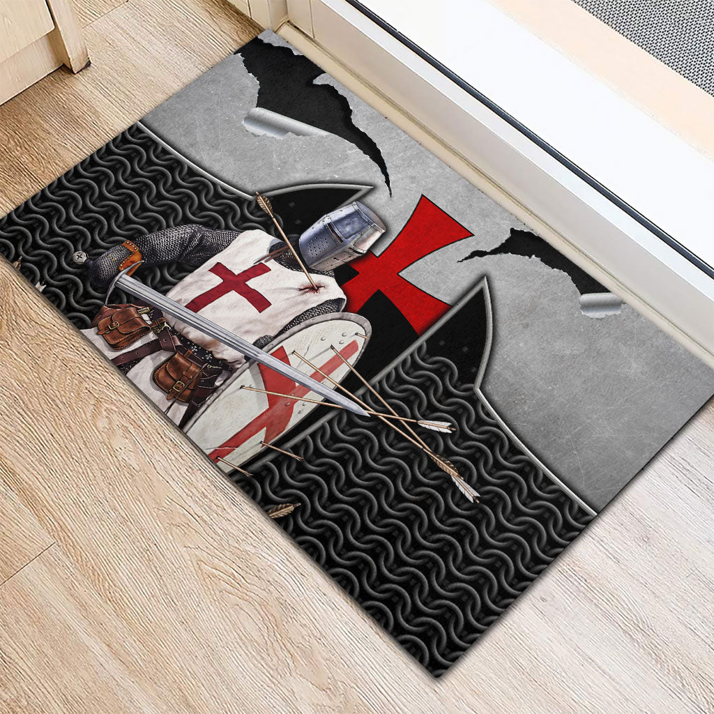 Knights Templar Warrior Red Cross Rubber Doormat Crusader Knight In Chainmail Armor With Shield And Sword Art