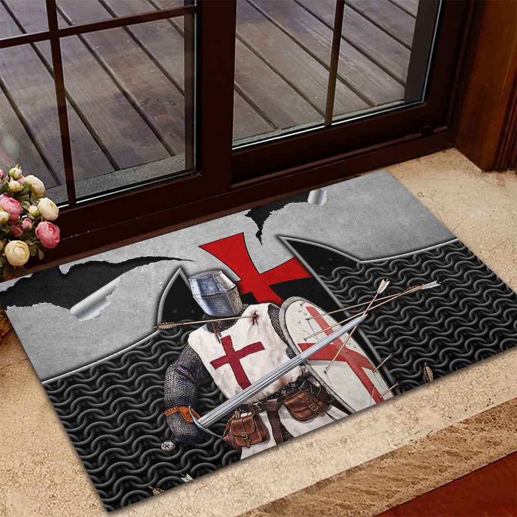 Knights Templar Warrior Red Cross Rubber Doormat Crusader Knight In Chainmail Armor With Shield And Sword Art