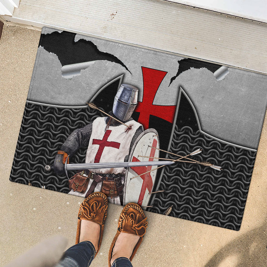 Knights Templar Warrior Red Cross Rubber Doormat Crusader Knight In Chainmail Armor With Shield And Sword Art