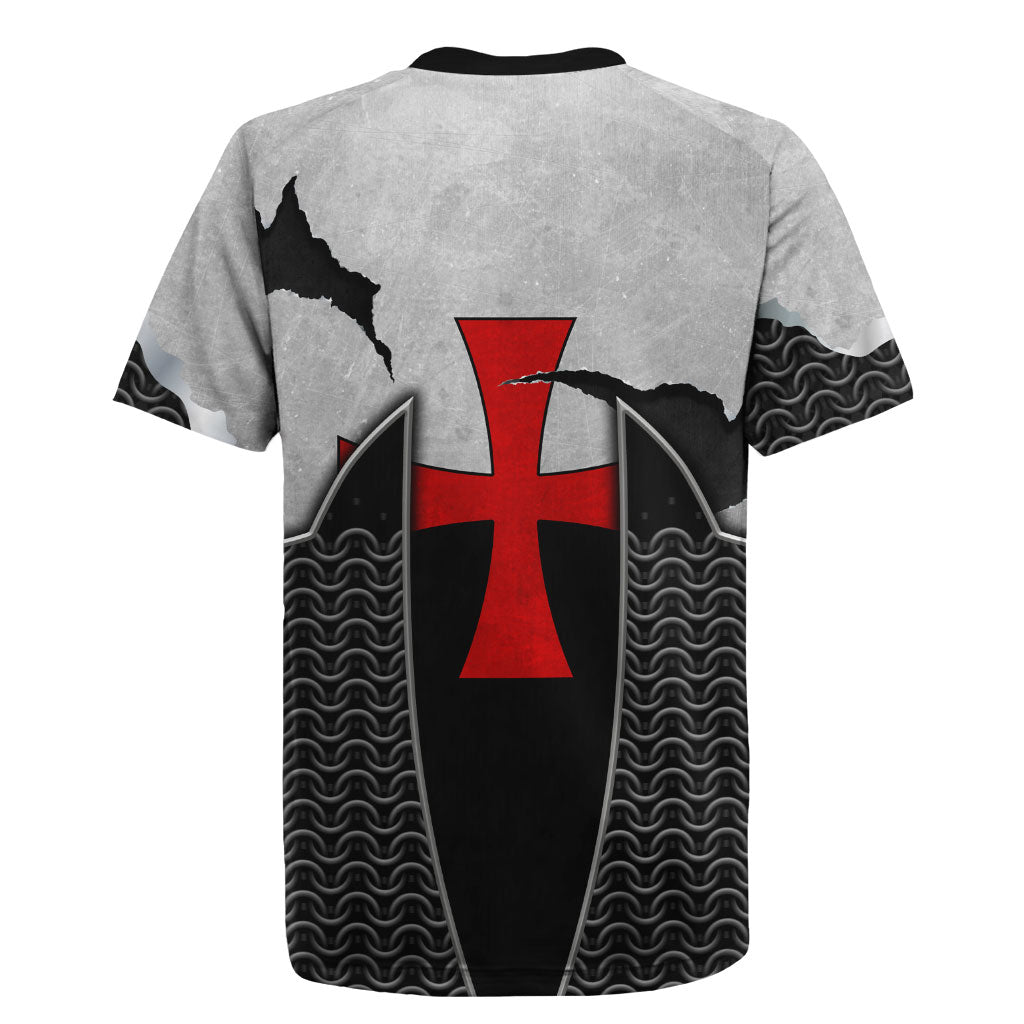 Knights Templar Warrior Red Cross Rugby Jersey Crusader Knight In Chainmail Armor With Shield And Sword Art