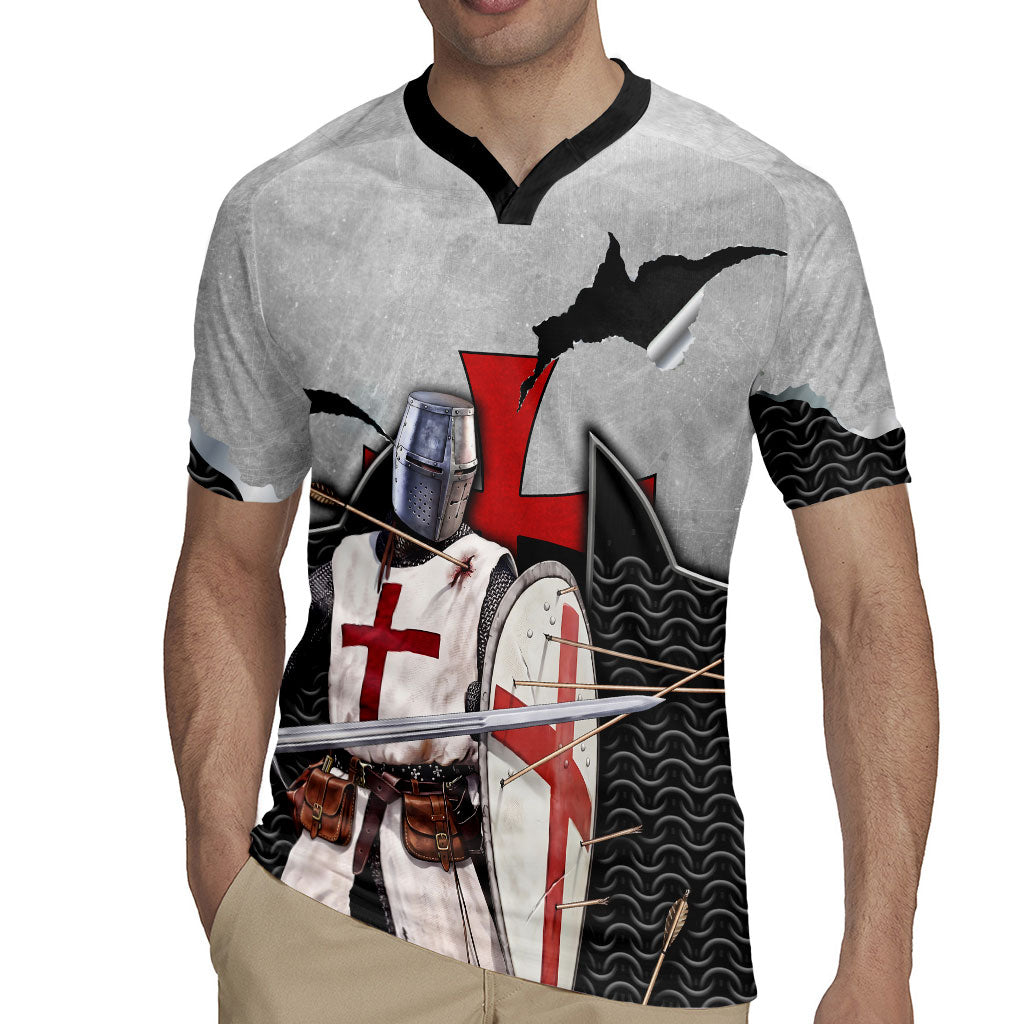 Knights Templar Warrior Red Cross Rugby Jersey Crusader Knight In Chainmail Armor With Shield And Sword Art