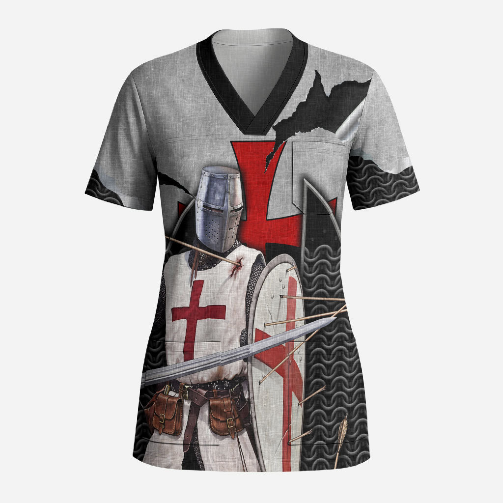 Knights Templar Warrior Red Cross Scrub Top Crusader Knight In Chainmail Armor With Shield And Sword Art