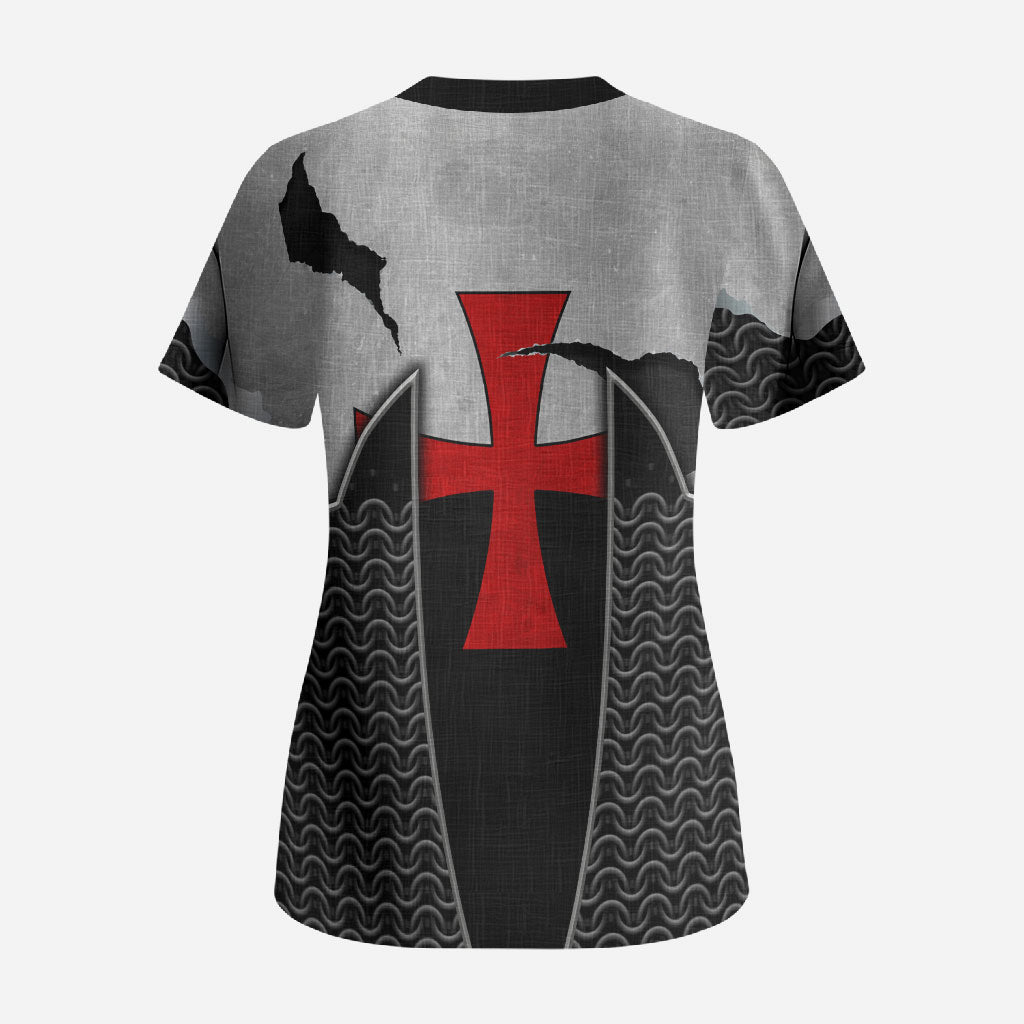 Knights Templar Warrior Red Cross Scrub Top Crusader Knight In Chainmail Armor With Shield And Sword Art