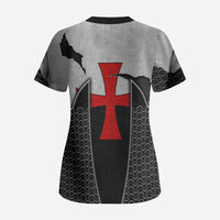 Knights Templar Warrior Red Cross Scrub Top Crusader Knight In Chainmail Armor With Shield And Sword Art