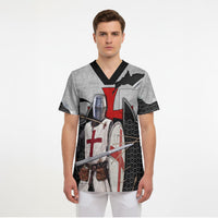 Knights Templar Warrior Red Cross Scrub Top Crusader Knight In Chainmail Armor With Shield And Sword Art