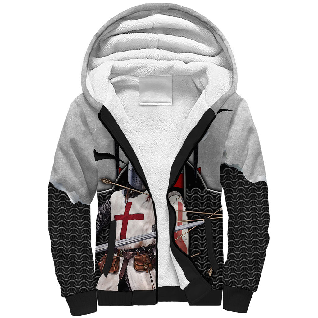 Knights Templar Warrior Red Cross Sherpa Hoodie Crusader Knight In Chainmail Armor With Shield And Sword Art