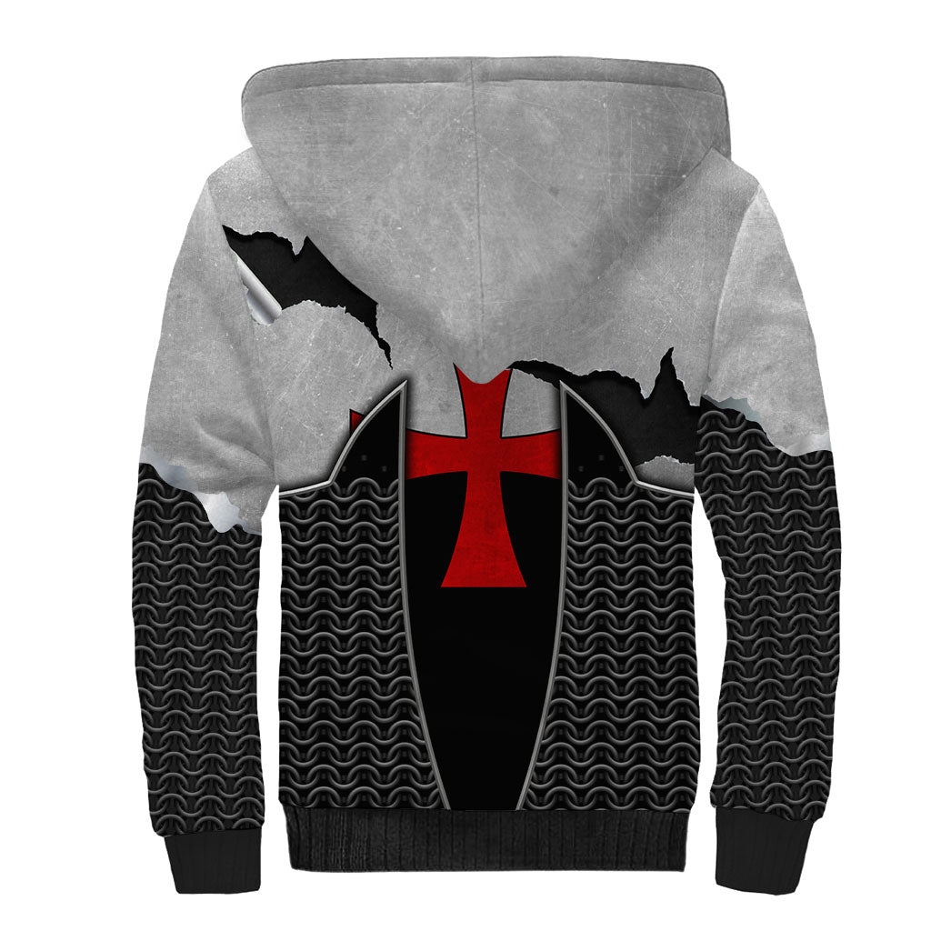 Knights Templar Warrior Red Cross Sherpa Hoodie Crusader Knight In Chainmail Armor With Shield And Sword Art
